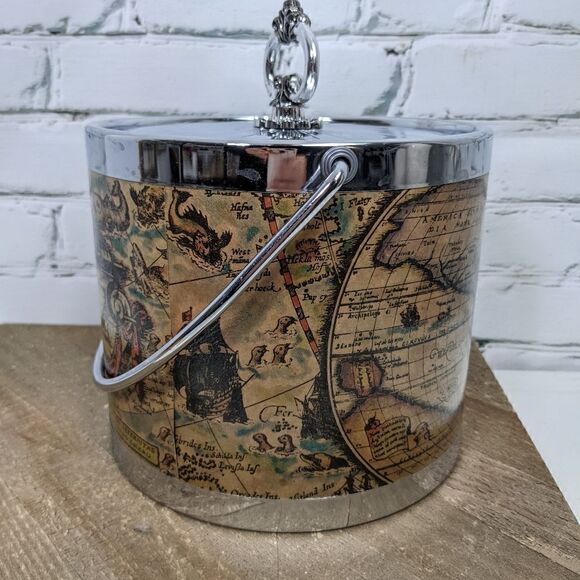 Vintage Ice bucket with World Map Wine chiller with lid - Picture 6 of 7